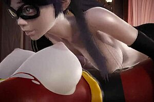 in the incredibles universe, violet parr and helen have double futa sex with creampie in 3d porn
