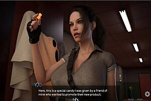 She dressed as bdsm tomb raider in a sexy outfit for big tits cum and assfucking game