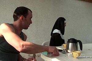 Young French nun in a threesome with a voyeur