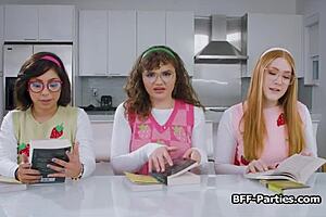 Book Club FOURSOME with Nerdy Girlfriends Sucking COCK