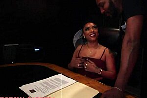 slutty boss deep throats and gags on employee's cock