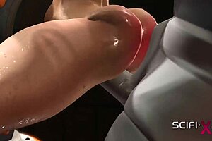 Big-boobed blonde gets rough anal sex with a machine