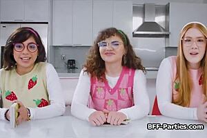 Book Club FOURSOME with Nerdy Girlfriends Sucking COCK