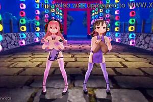 two girls dance in 3d anime to the music rhythm