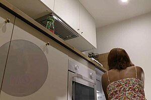 Petite redhead latina in kitchen summer dress