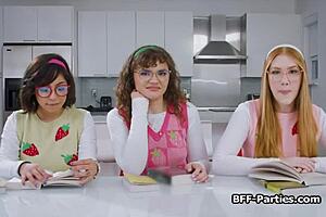 Book Club FOURSOME with Nerdy Girlfriends Sucking COCK