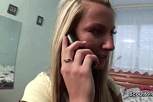 A young man has sex with a beautiful blonde teenage girl and gets an orgasm with cum on his face