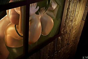 in the tavern, the futanari with big tits and cock fucks the female in 3d anime style.