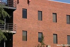 Sexy brunette gives handjob in parody scene