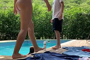 natasha and megan tan, swim naked with lucky guy by pool 🏖️