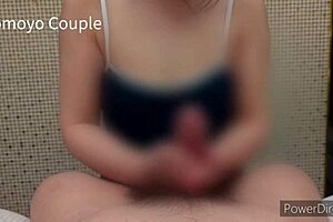 wife cosplays in school swimsuit for young man stripping off her wet costume.