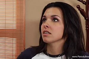 Sexy brunette gives handjob in parody scene