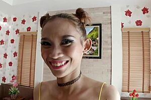 Small petite dancer gets a creamy facial in a bar in Bangkok