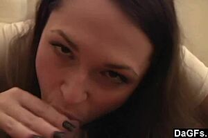 Brunette couple engages in hardcore blowjob and facial