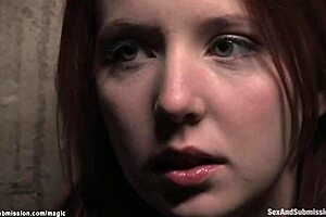 Skinny redhead slave bound and roughly fucked in group