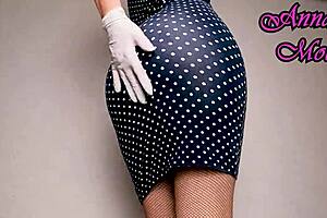 Riding big ribbed dildo in tight dress with gloves