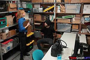 The milf police officer catches a shoplifter and fucks him in the back office.