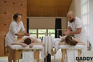 Emotional Cheating Massage with Father-in-Law and Young Brunette's Shaved Pussy