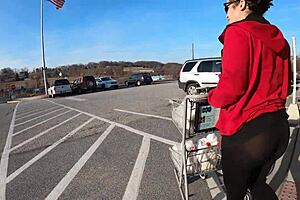 Staged flashing in transparent leggings at grocery store