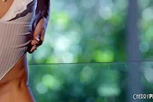 Petite blonde strips, fingers shaved pussy, rips clothes, masturbates to orgasm