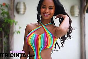 Putri Cinta Wearing Colorful Dress Stripped to Show Her Tight Ass Hole