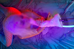 hot blonde in white stockings moans in a puddle of cum while she is getting orgasm with a huge cock