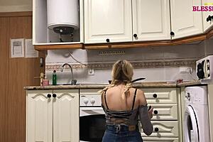 Teen enjoys kitchen teasing with shaved body