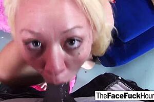 cute blonde chick gets face wrecked by two cocks