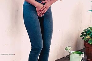 oh man, asian tina's desperate to piss on the balcony in wet leggings!