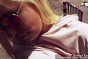 Young German blonde gets pierced nipples fucked outdoor