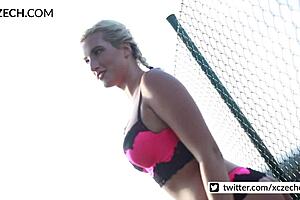 Beautiful blonde strips and shows pussy!