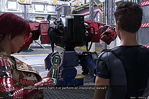 Stranded in space, flirting with a curvy half-robot girl in 3D hentai adventure.