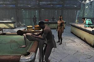 fo4 pool table party with cartoon characters having fun