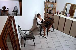 Horny secretary in office roleplay masturbates, then licks and kisses cuckold client with natural tits