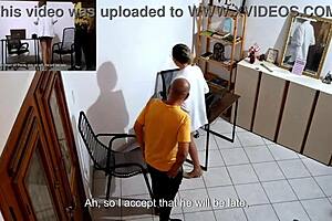 Horny secretary in office roleplay masturbates, then licks and kisses cuckold client with natural tits