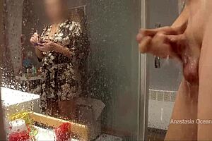 stepmom walked into my bathroom and caught me jerking... she watched!