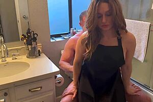 husband arrives home to big tits wife wearing nothing but an apron hot cumshot on tits 😏