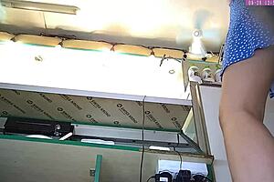 Blonde girl flashes upskirt at work