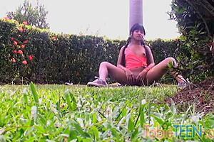tobie teen fingers her sweet pussy solo outdoors?