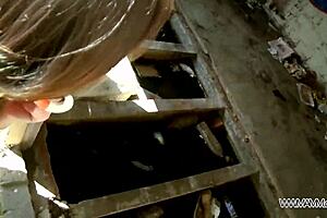 Busty brunette slut boldly fucks ass with stranger in public, no hesitation