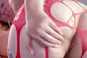 She moans as the big black dildo stretches her fat bent over ass.