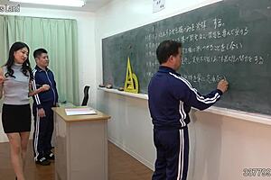 Two masochistic students in a Japanese school setting with a strict teacher