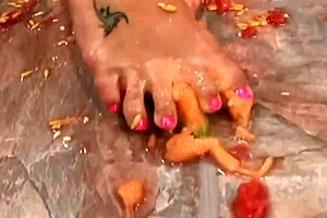 amazing brunette squishes melon with sexy feet then gets fucked doggy style