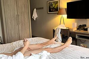 Public cock flash at hotel leads to wild handjob session