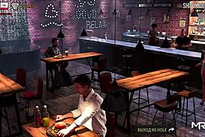 In the men's toilet, he inserts his cock into her pussy