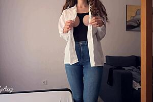 My new one night stand - cum on stomach with girlfriend moaning handjob cowgirl brunette big cock cute fetish