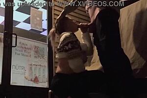 Extremely risky bar blowjob and downtown sucking and flashing tits while getting caught?