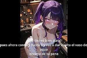 Shogun Raiden part 2: femdom gives jerk off instructions and cum eating in spanish anime.
