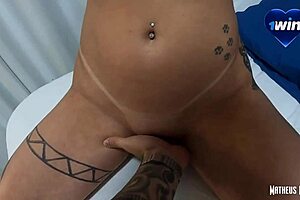 Redhead with small tits gets pierced nipples and sucks cock