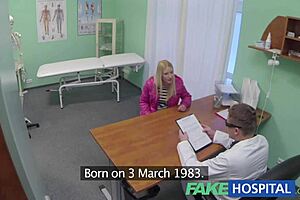 Hot blonde in fake hospital scene with over-enthusiastic doctor